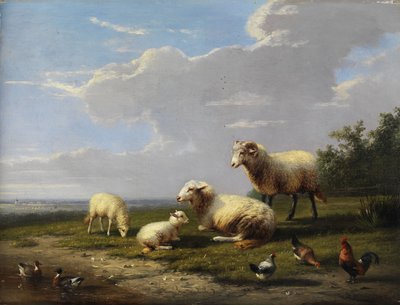 Ampio paesaggio primaverile con pecore, galline e anatre da Franz van Severdonck